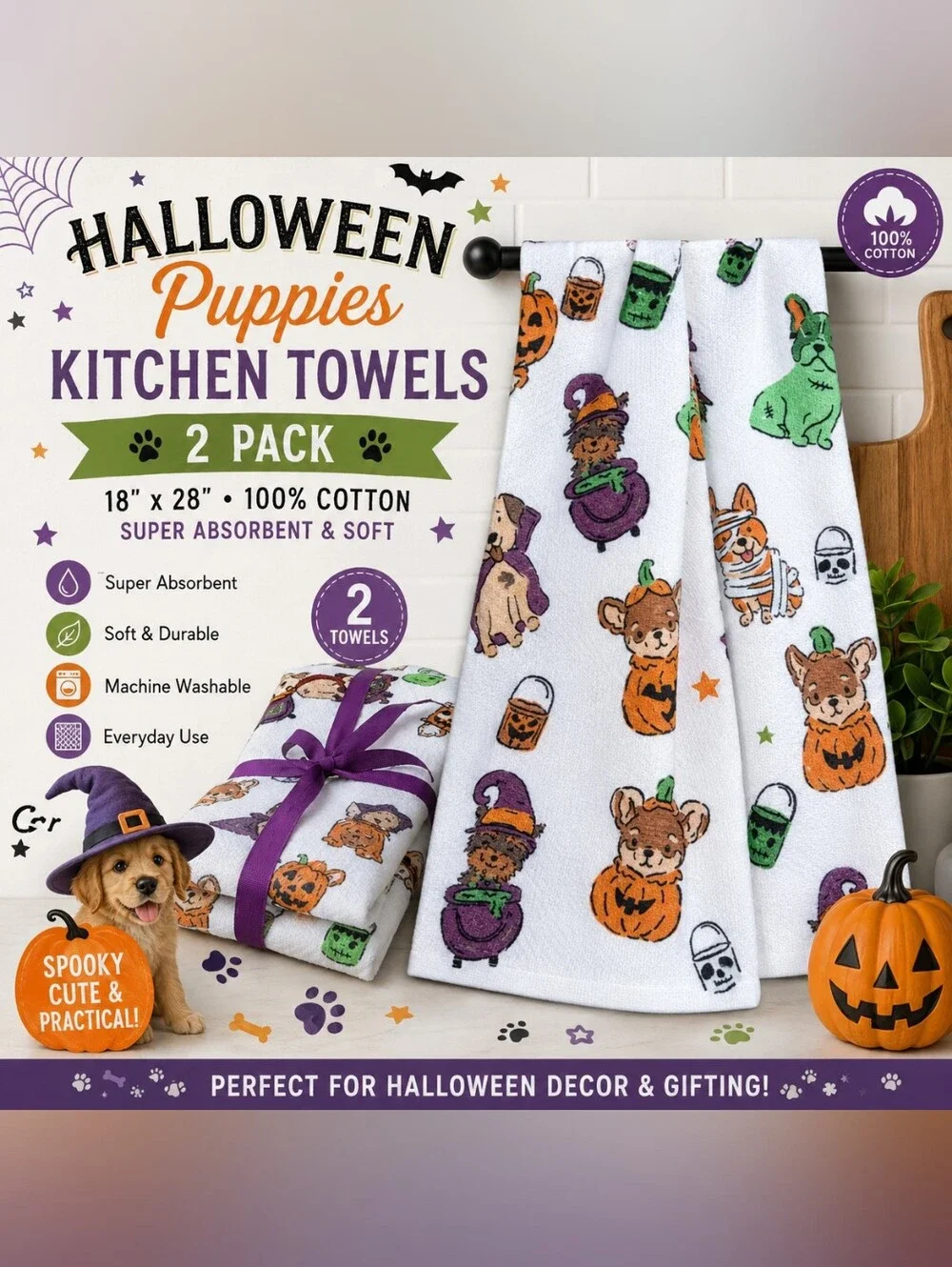 Halloween Puppy 2-Pack Kitchen Towels | 100% Cotton | Super Absorbent | NWT